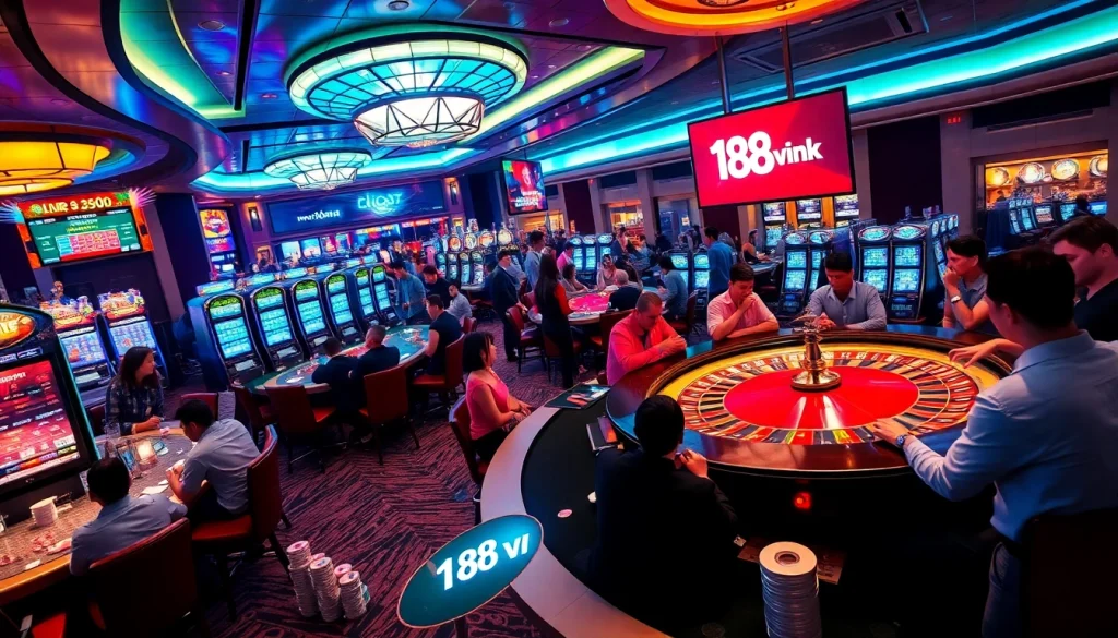 Experience a thrilling casino scene at https://188v.ink/ filled with players at roulette and card tables enjoying high stake games.