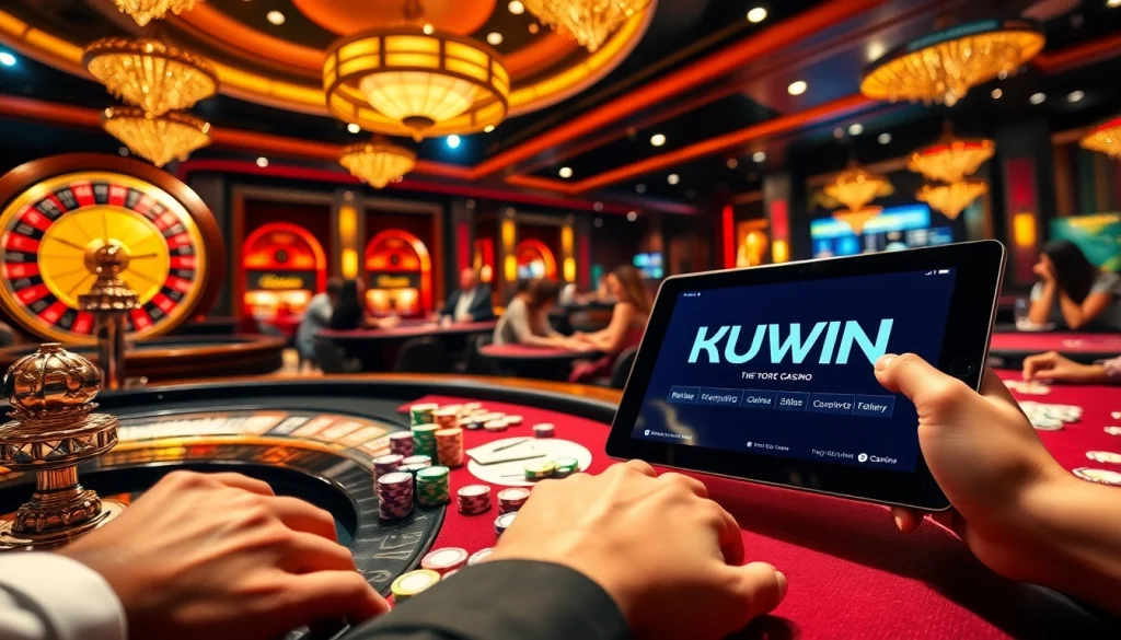 KUWIN players immersed in the thrilling action at a casino table with poker chips and vibrant roulette wheels.