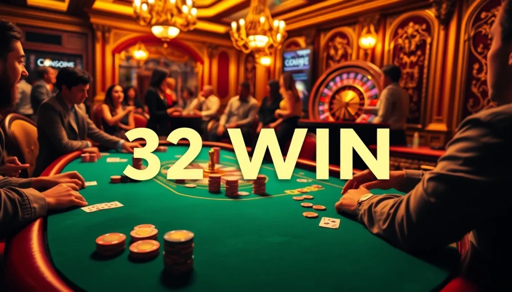 Experience exhilarating gameplay at 32WIN's vibrant poker table, filled with colorful chips and excited players.