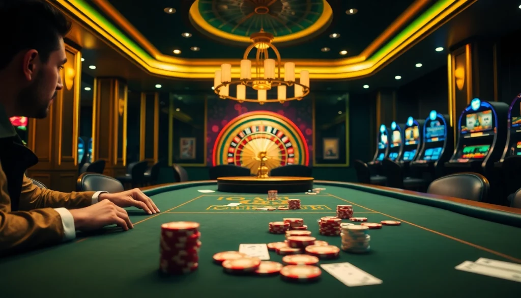 Experience the thrill of HITCLUB as players strategize at an intense poker table in a lavish casino.