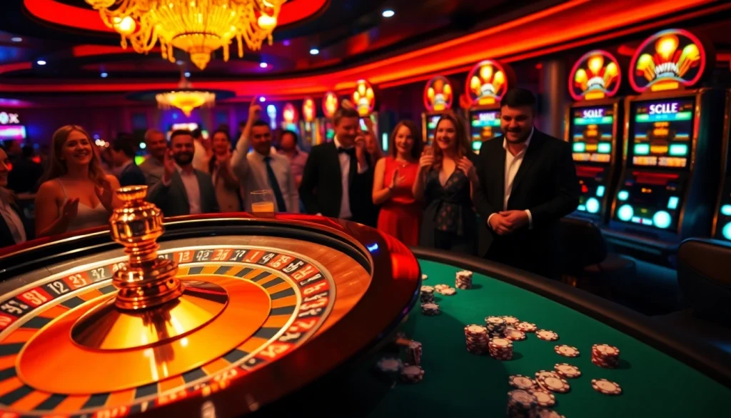 SUNWIN casino scene showcasing a thrilling roulette game with vibrant lighting and eager players.