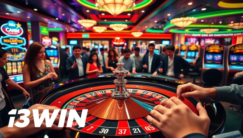 13WIN casino scene with players excitedly betting at roulette and slot machines.