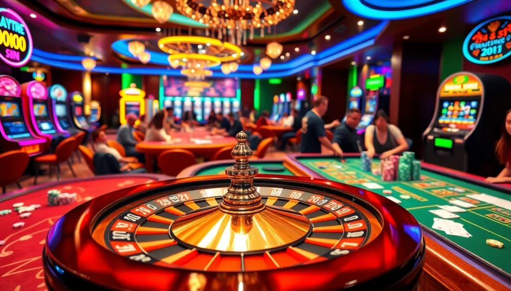 Experience the thrill of gaming at Nohu90 with players cheering at roulette and slot machines.