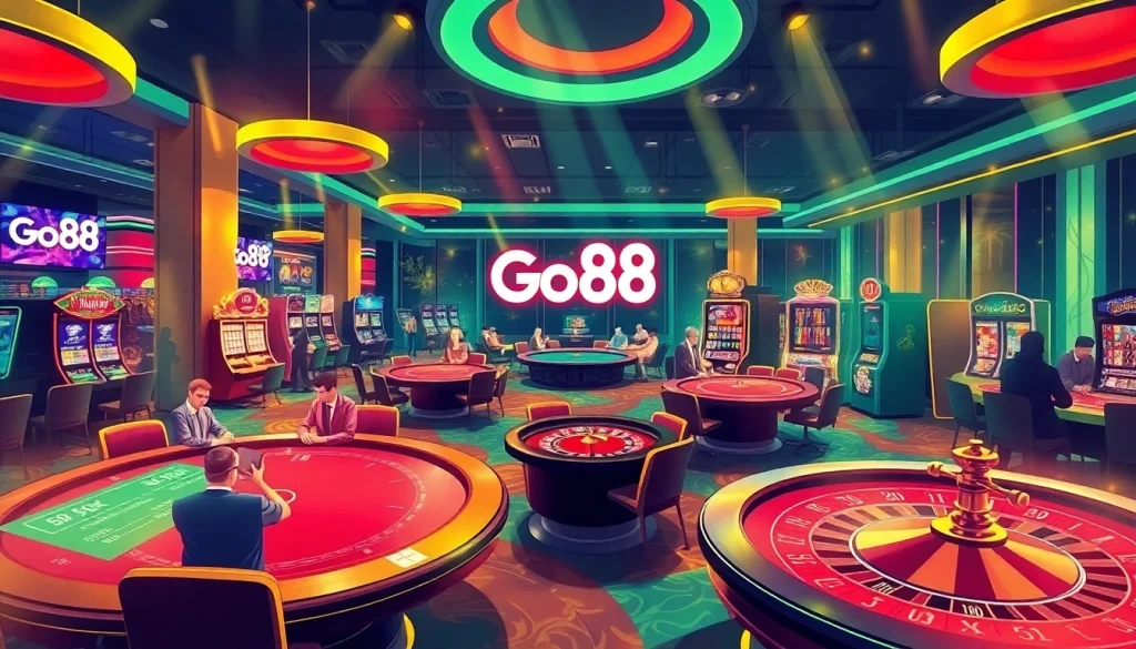 Go88 casino featuring a dynamic poker game with vibrant slot machines and players placed around gold tables.