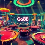 Go88 casino featuring a dynamic poker game with vibrant slot machines and players placed around gold tables.